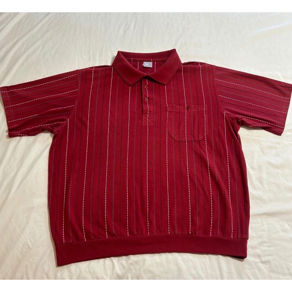Haband Casual Joe Mens XL Burgundy Red Striped Banded Hem Polo Shirt Vintage